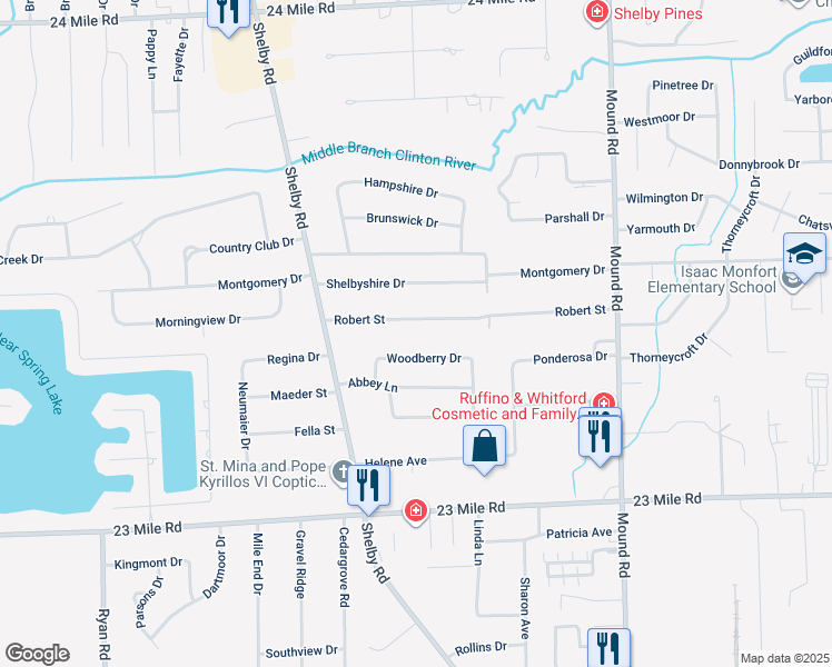 map of restaurants, bars, coffee shops, grocery stores, and more near 5050 Robert Street in Shelby charter Township