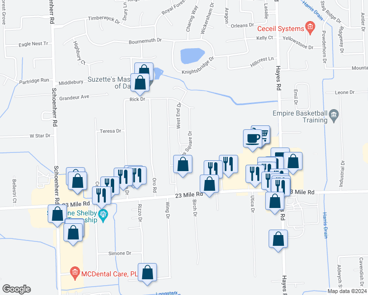 map of restaurants, bars, coffee shops, grocery stores, and more near 51288 Times Square Drive in Macomb County