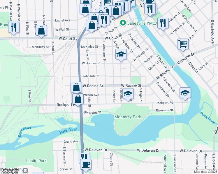 map of restaurants, bars, coffee shops, grocery stores, and more near 613 West Racine Street in Janesville