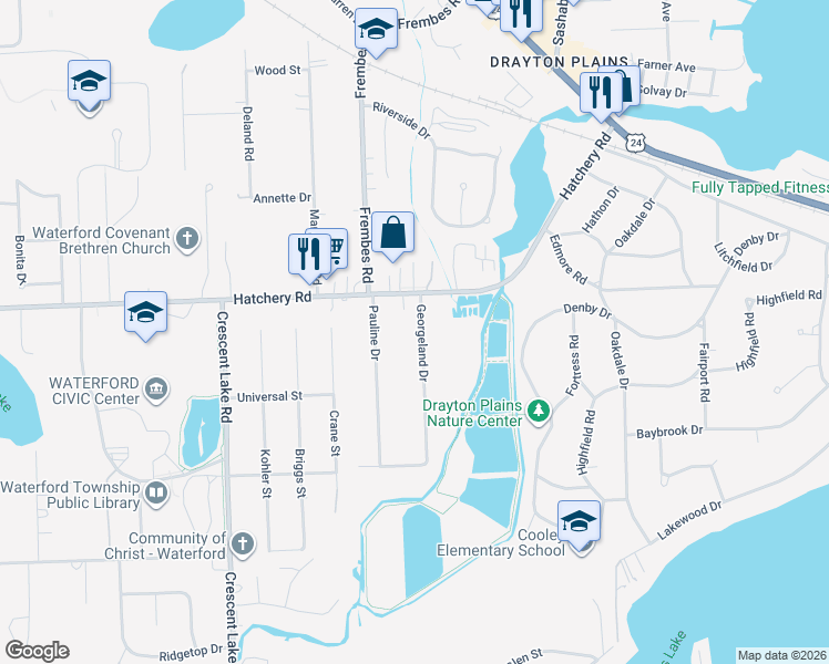 map of restaurants, bars, coffee shops, grocery stores, and more near 2406 Georgeland Drive in Waterford Township