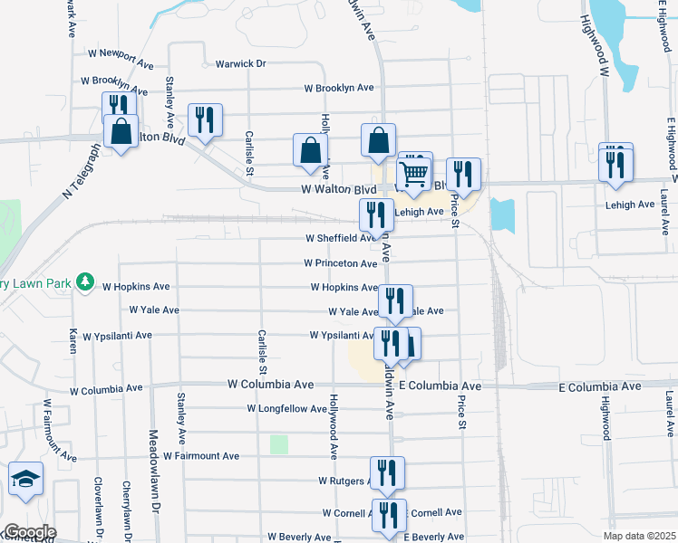 map of restaurants, bars, coffee shops, grocery stores, and more near 58 West Hopkins Avenue in Pontiac