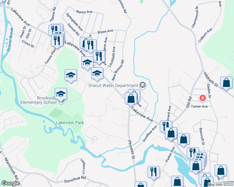 map of restaurants, bars, coffee shops, grocery stores, and more near 6 Frederick Street in Dracut