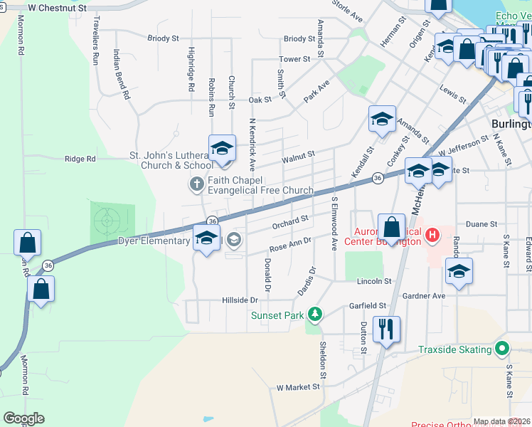 map of restaurants, bars, coffee shops, grocery stores, and more near 546 Orchard Street in Burlington