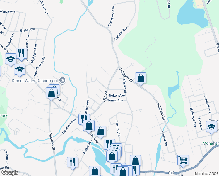 map of restaurants, bars, coffee shops, grocery stores, and more near 12 Pinehurst Avenue in Dracut