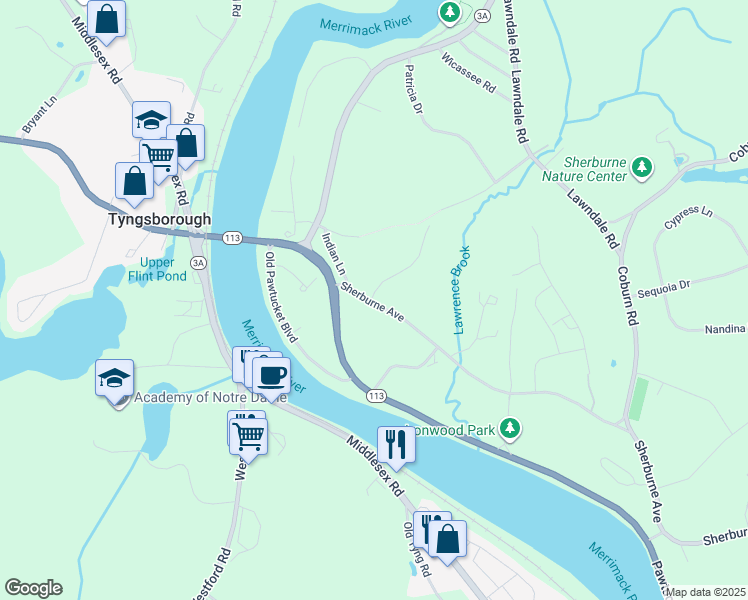 map of restaurants, bars, coffee shops, grocery stores, and more near 25 Sherburne Avenue in Tyngsborough