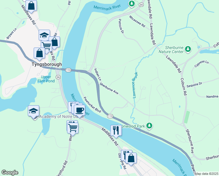 map of restaurants, bars, coffee shops, grocery stores, and more near 25 Sherburne Avenue in Tyngsborough