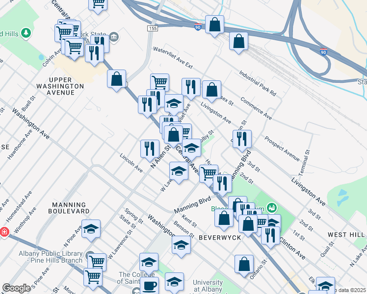 map of restaurants, bars, coffee shops, grocery stores, and more near 607 Central Avenue in Albany
