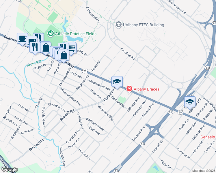 map of restaurants, bars, coffee shops, grocery stores, and more near 15 Avon Place in Albany