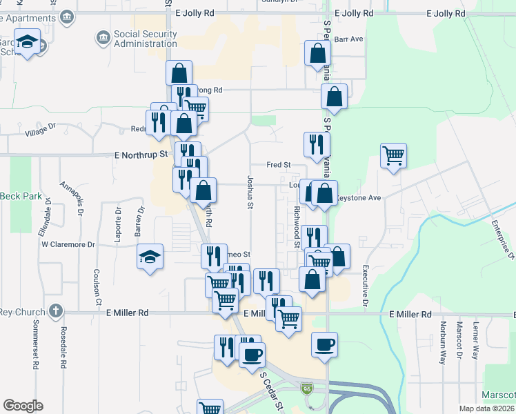 map of restaurants, bars, coffee shops, grocery stores, and more near 5752 Joshua Street in Lansing