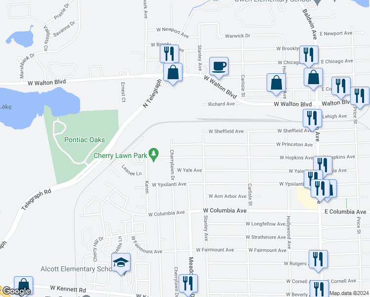 map of restaurants, bars, coffee shops, grocery stores, and more near 317 West Princeton Avenue in Pontiac
