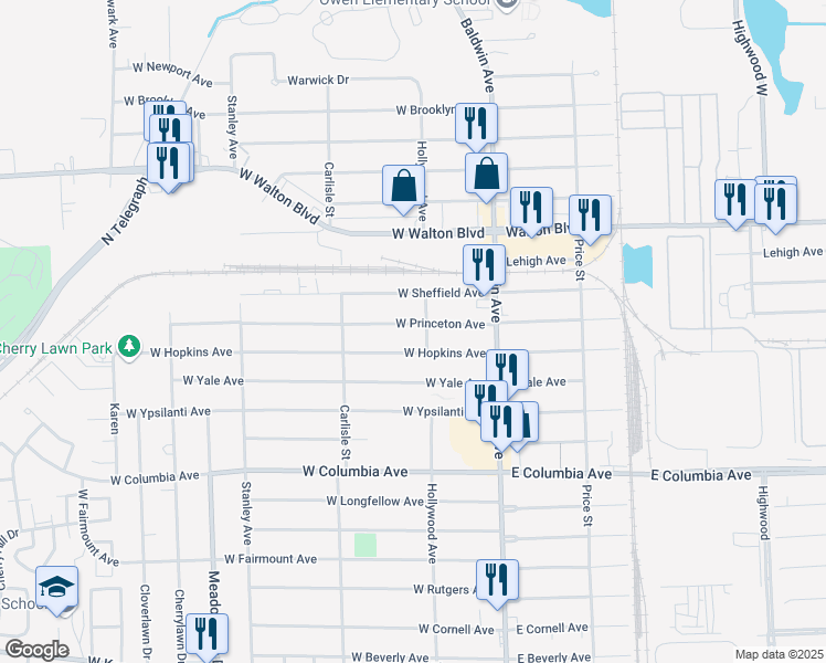 map of restaurants, bars, coffee shops, grocery stores, and more near 93 West Princeton Avenue in Pontiac