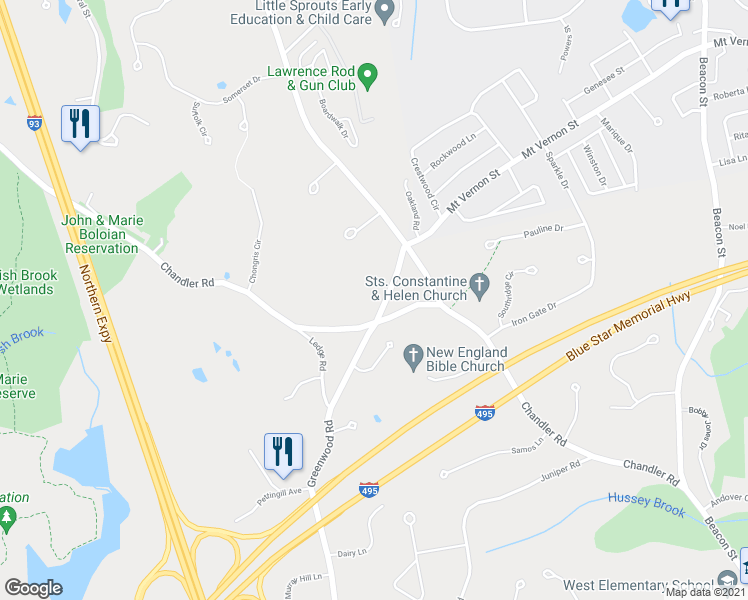 map of restaurants, bars, coffee shops, grocery stores, and more near 3 Weeping Willow Drive in Andover