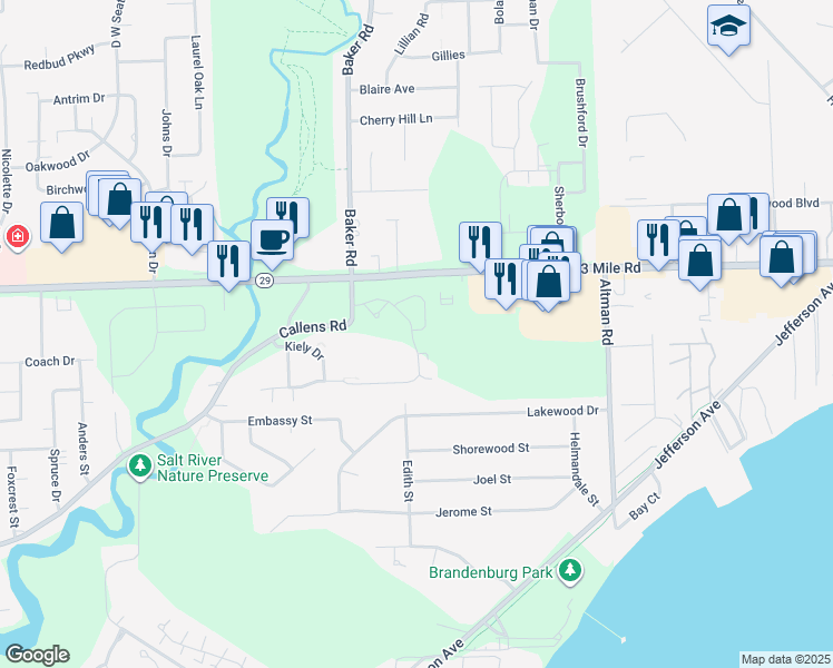 map of restaurants, bars, coffee shops, grocery stores, and more near 50798 Esther's Way in Chesterfield