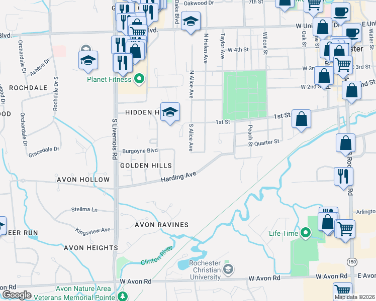 map of restaurants, bars, coffee shops, grocery stores, and more near 966 Harding Avenue in Rochester Hills