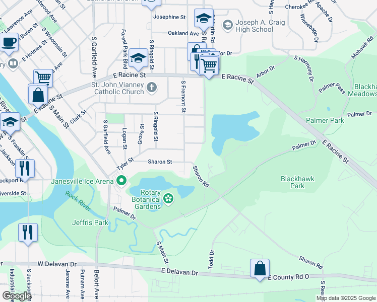 map of restaurants, bars, coffee shops, grocery stores, and more near 781 South Fremont Street in Janesville