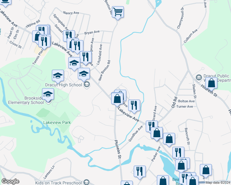 map of restaurants, bars, coffee shops, grocery stores, and more near 1459 Lakeview Avenue in Dracut