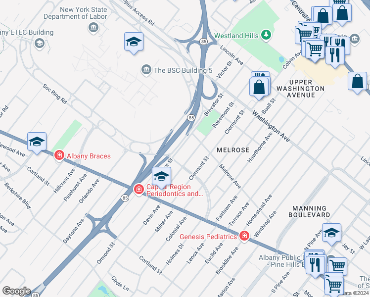 map of restaurants, bars, coffee shops, grocery stores, and more near 53 Rosemont Street in Albany