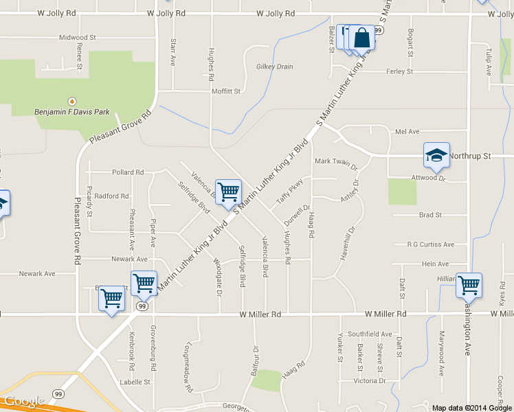 map of restaurants, bars, coffee shops, grocery stores, and more near 5833 Valencia Boulevard in Lansing