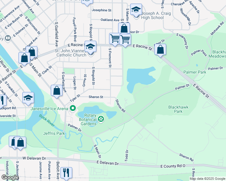map of restaurants, bars, coffee shops, grocery stores, and more near 781 South Fremont Street in Janesville