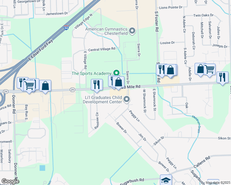 map of restaurants, bars, coffee shops, grocery stores, and more near 30486 23 Mile Road in New Baltimore