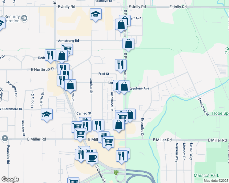 map of restaurants, bars, coffee shops, grocery stores, and more near 5723 Richwood Street in Lansing