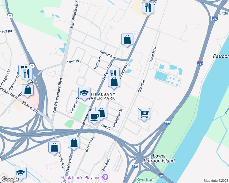 map of restaurants, bars, coffee shops, grocery stores, and more near 1275 Broadway in Albany