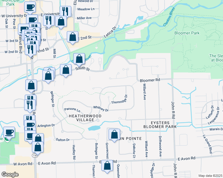 map of restaurants, bars, coffee shops, grocery stores, and more near 425 Thronridge Drive in Rochester Hills