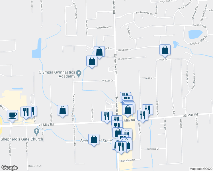 map of restaurants, bars, coffee shops, grocery stores, and more near 13398 West Star Drive in Macomb County