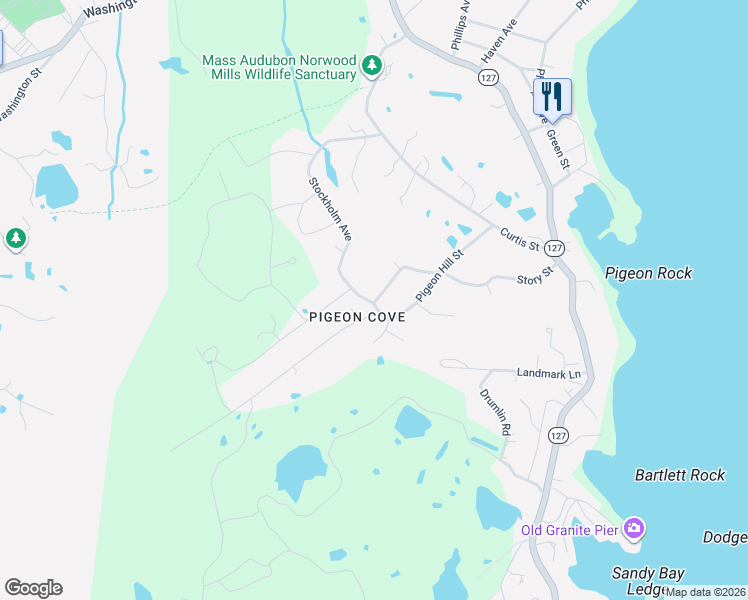map of restaurants, bars, coffee shops, grocery stores, and more near 33 Pigeon Hill Street in Rockport