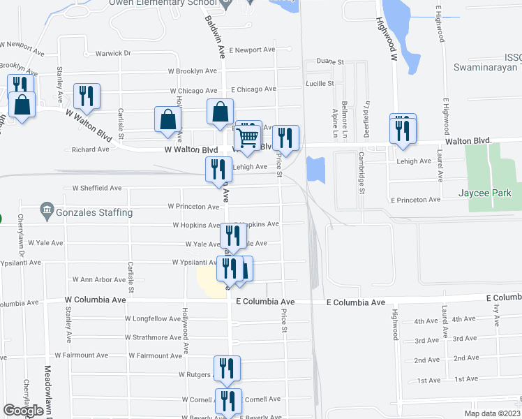 map of restaurants, bars, coffee shops, grocery stores, and more near 58 East Princeton Avenue in Pontiac