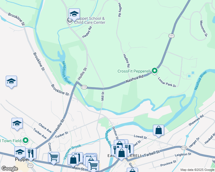 map of restaurants, bars, coffee shops, grocery stores, and more near 28 Nashua Road in Pepperell