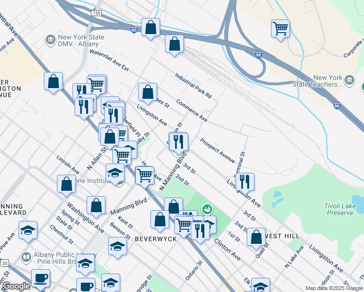map of restaurants, bars, coffee shops, grocery stores, and more near 29 Rawson Street in Albany