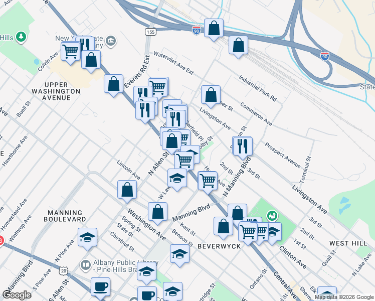 map of restaurants, bars, coffee shops, grocery stores, and more near 95 Hunter Avenue in Albany