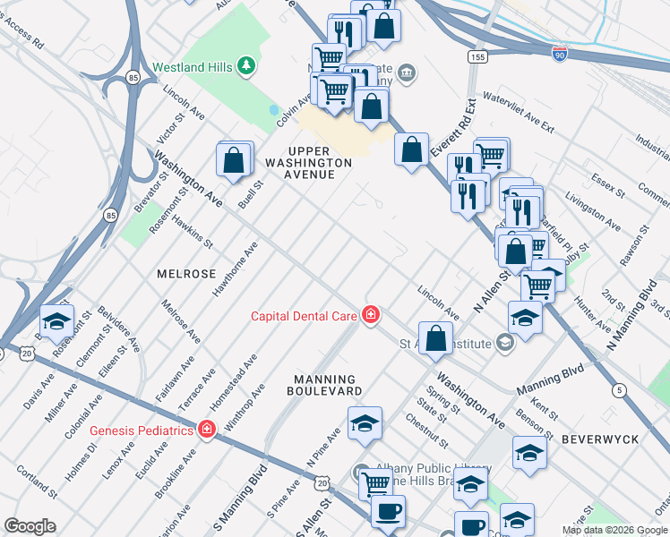 map of restaurants, bars, coffee shops, grocery stores, and more near 12 Verplanck Street in Albany