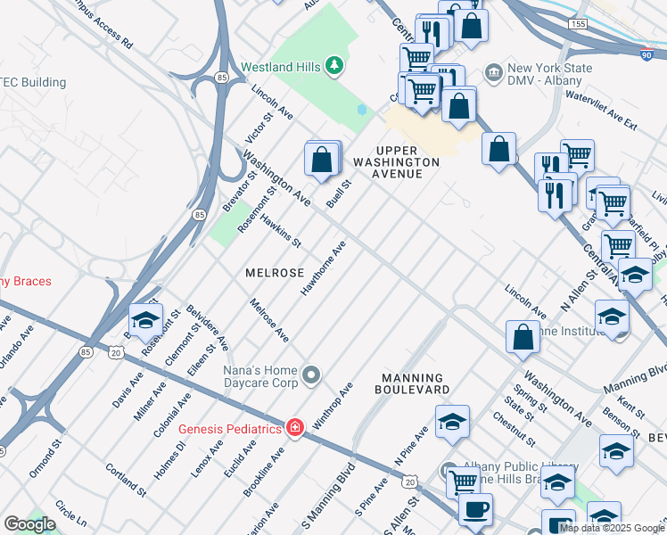 map of restaurants, bars, coffee shops, grocery stores, and more near 87 Edgewood Avenue in Albany