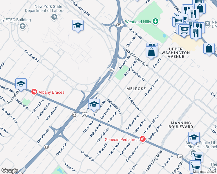 map of restaurants, bars, coffee shops, grocery stores, and more near 152 Melrose Avenue in Albany