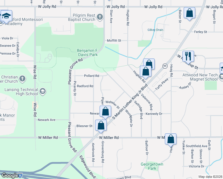 map of restaurants, bars, coffee shops, grocery stores, and more near 5711 Piper Avenue in Lansing
