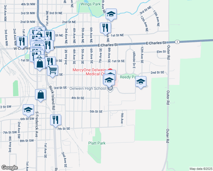 map of restaurants, bars, coffee shops, grocery stores, and more near 201-299 7th Avenue Southeast in Oelwein