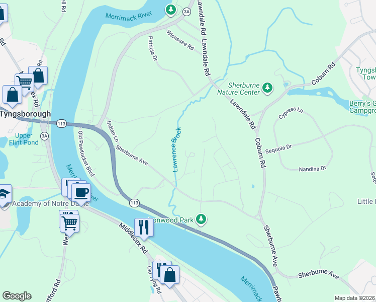 map of restaurants, bars, coffee shops, grocery stores, and more near 501 Cardinal Lane in Tyngsborough
