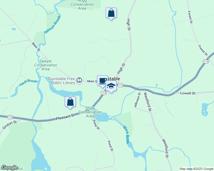 map of restaurants, bars, coffee shops, grocery stores, and more near 1 Pleasant Street in Dunstable