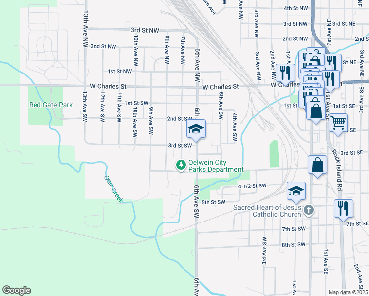 map of restaurants, bars, coffee shops, grocery stores, and more near 301 7th Avenue Southwest in Oelwein