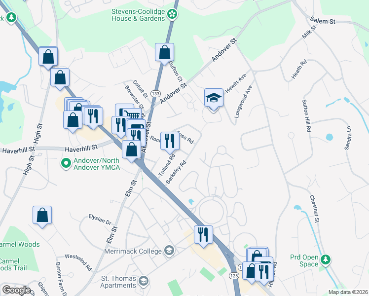 map of restaurants, bars, coffee shops, grocery stores, and more near 28 Foss Road in North Andover