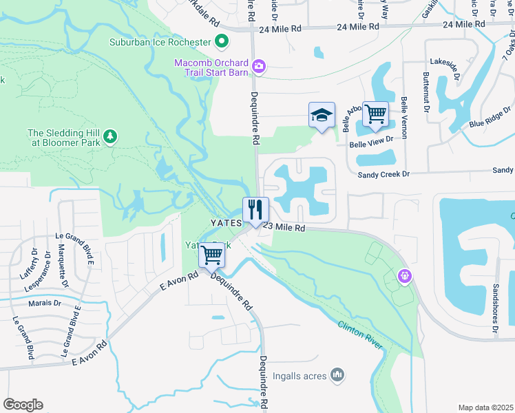 map of restaurants, bars, coffee shops, grocery stores, and more near Dequindre Rd & E Avon Rd in Rochester Hills