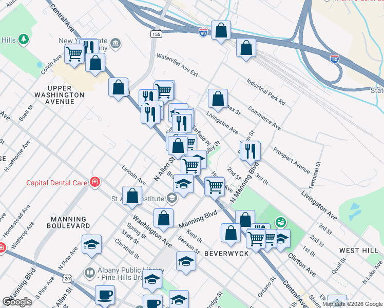 map of restaurants, bars, coffee shops, grocery stores, and more near 95 Hunter Avenue in Albany