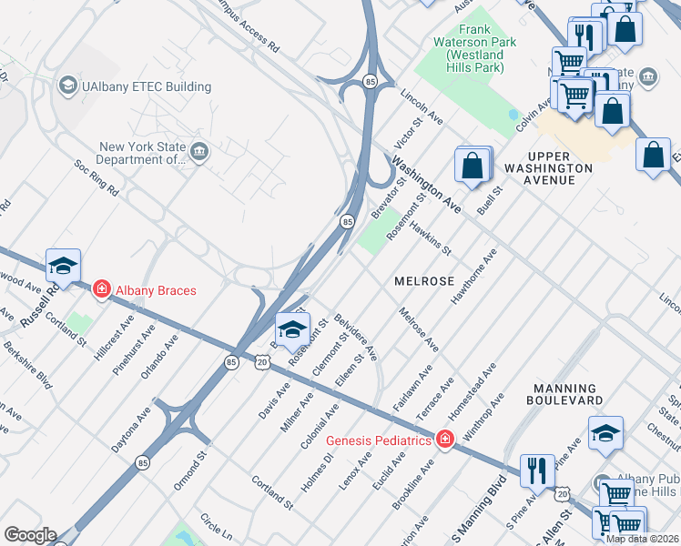 map of restaurants, bars, coffee shops, grocery stores, and more near 152 Melrose Avenue in Albany