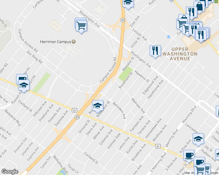 map of restaurants, bars, coffee shops, grocery stores, and more near 152 Melrose Avenue in Albany