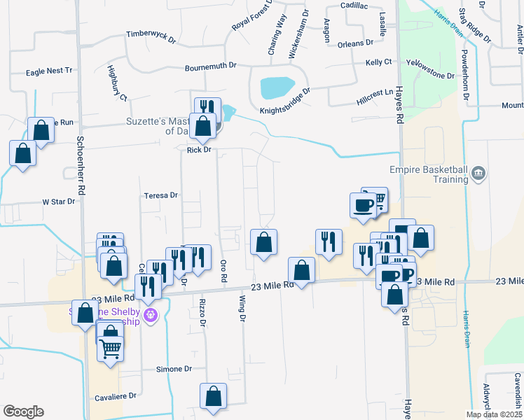 map of restaurants, bars, coffee shops, grocery stores, and more near 51505 West End Drive in Macomb County