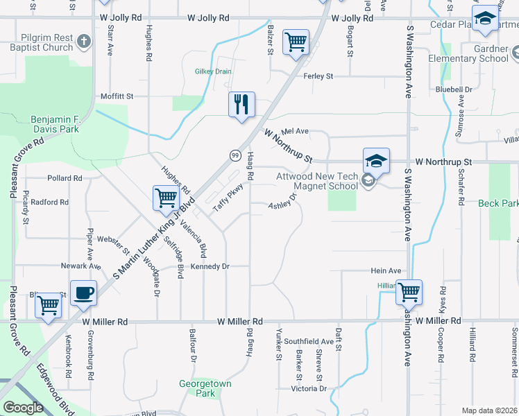 map of restaurants, bars, coffee shops, grocery stores, and more near 1411 Weymouth Court in Lansing