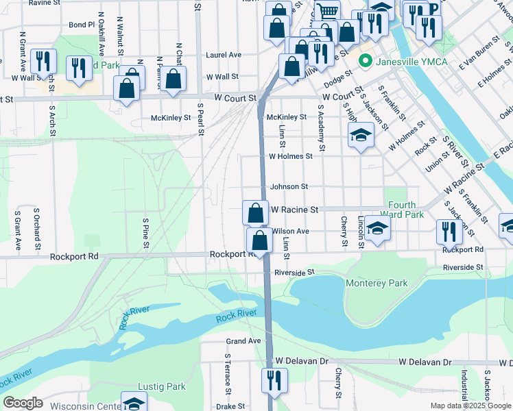map of restaurants, bars, coffee shops, grocery stores, and more near 1021 Johnson Street in Janesville