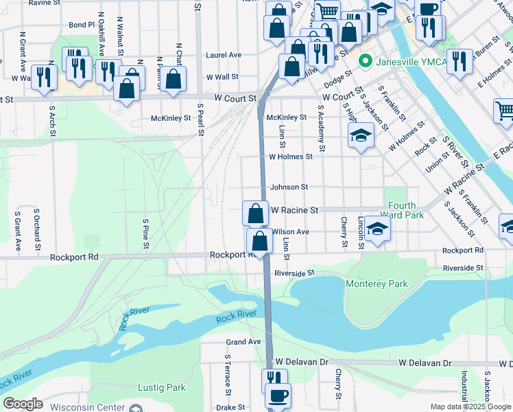 map of restaurants, bars, coffee shops, grocery stores, and more near 1021 Johnson Street in Janesville